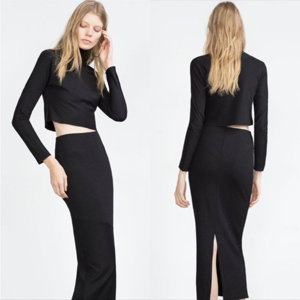 Zara Ribbed Knit Long Sleeve Crop Top and Midi Skirt Co-Ord Set